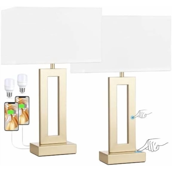 Nightstand Table Lamps for Bedrooms Set of 2 - Touch Bedside Lamp with USB C A, 3 Way Dimmable Living Room Lamps for End Tables Set of 2(White&Gold)