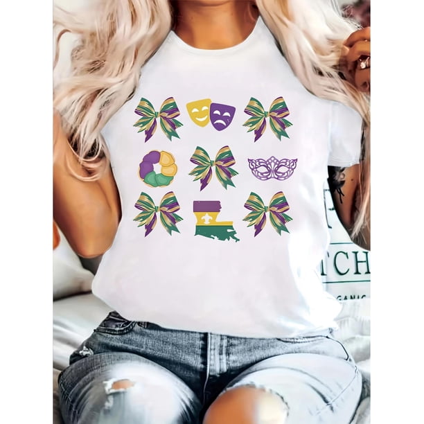 Camiseta con estampado de Mardi Gras y pajaritas para mujer, 100 % algodón, cuello redondo, manga corta, para primavera/verano, ideal para deportes de ocio.