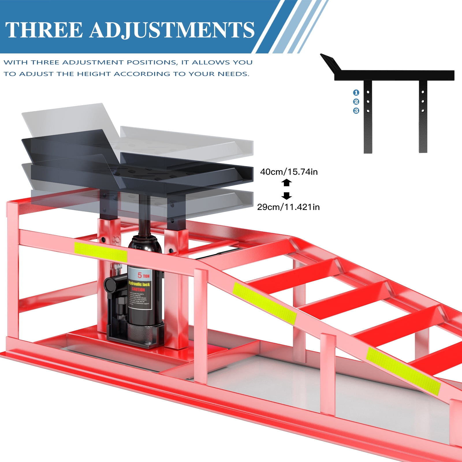 Hydraulic Car Ramps for Oil Change, 5 Ton (11,000 lbs) Heavy Duty Garage Ramps, Adjustable 9.8-15 Inch Lift with Reflective Strips, 2 PCS Red Vehicle Service Ramps