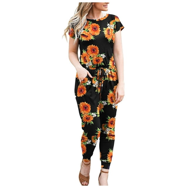 Combinaisons pour Femmes Décontractées à Manches Courtes, Combinaisons à Taille Élastique, Imprimé Floral, Col Rond, Barboteuse