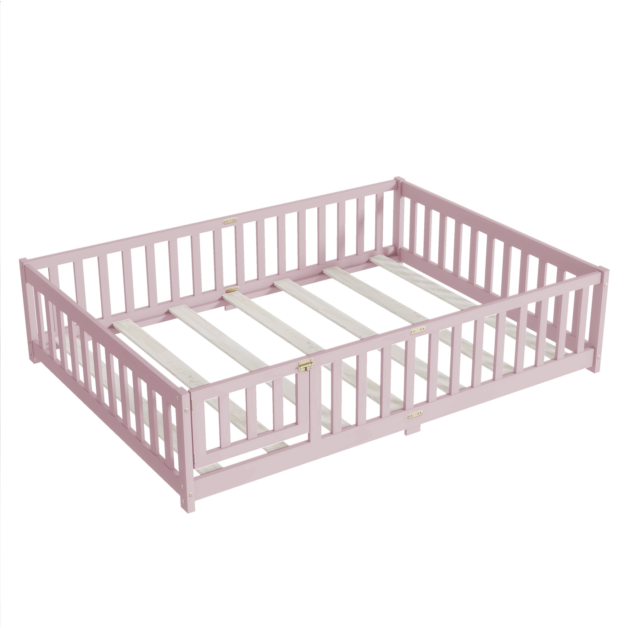 Alvantor Full Size Montessori Floor Bed for Kids with Door and Fence, Rubber Wood Toddler Platform Bed Frame, No Box Spring Needed, Pink
