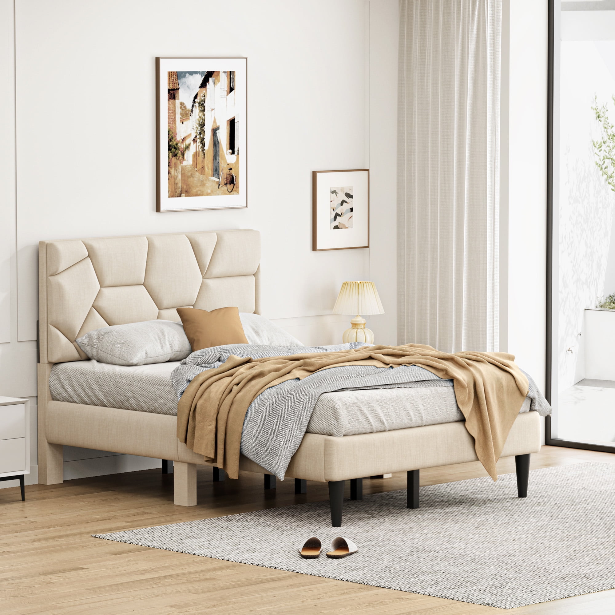 Mintazer Full Bed Frame with Upholstered Headboard, Modern Heavy Duty Steel Platform Bed Frame for Bedroom, No Box Spring Needed, Beige