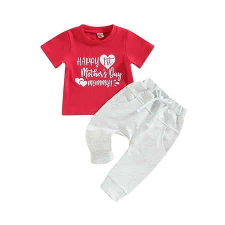 

Sunisery Happy 1st Mather s Day Mommy Baby Boys Summer Outfit Sets Short Sleeve Letter Heart Print Tops + White Drawstring Pants