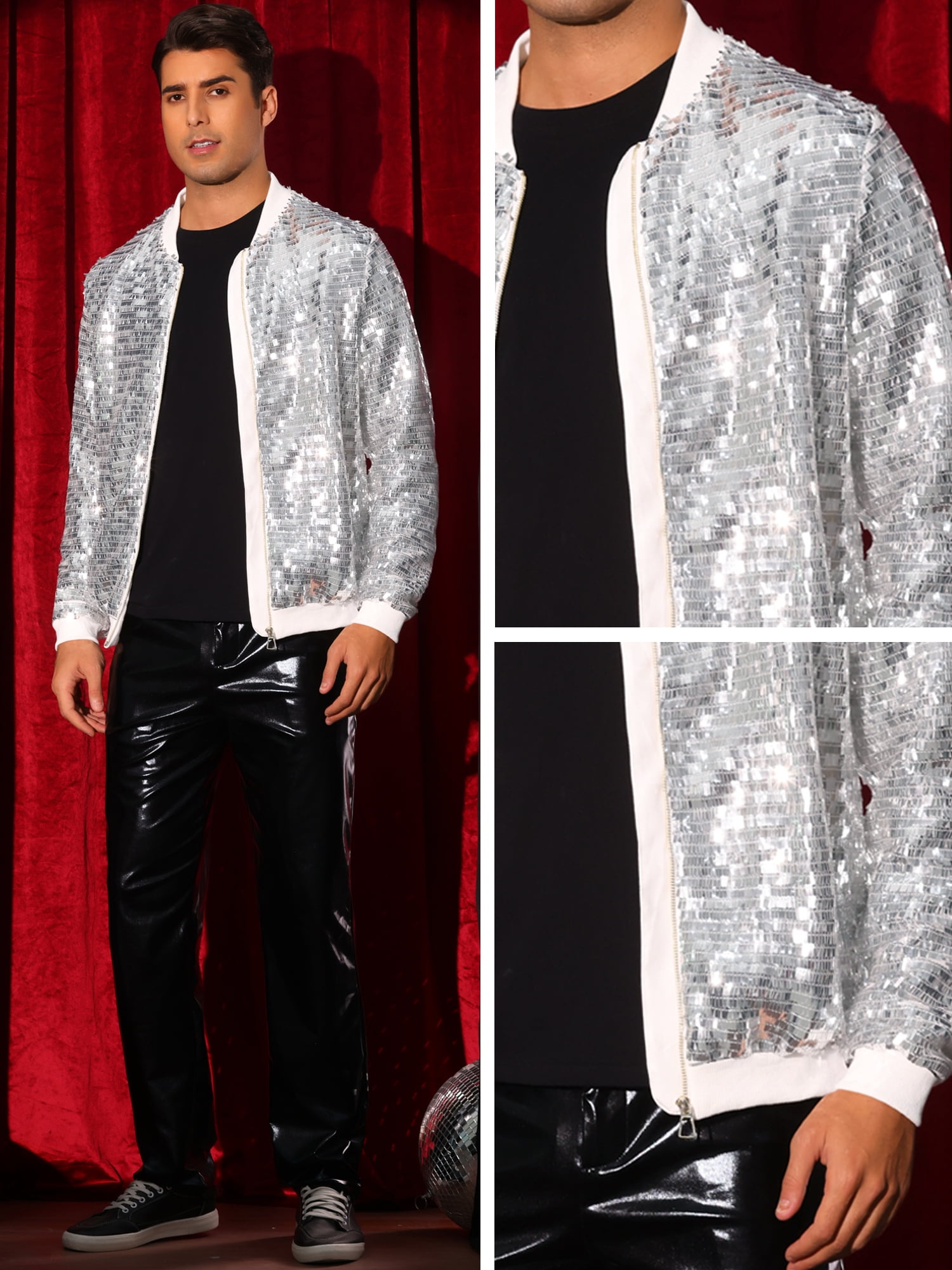 DARING DIVA Men's Sequin Varsity Zipper Disco Sparkly Shiny Bomber Jacket M Silver