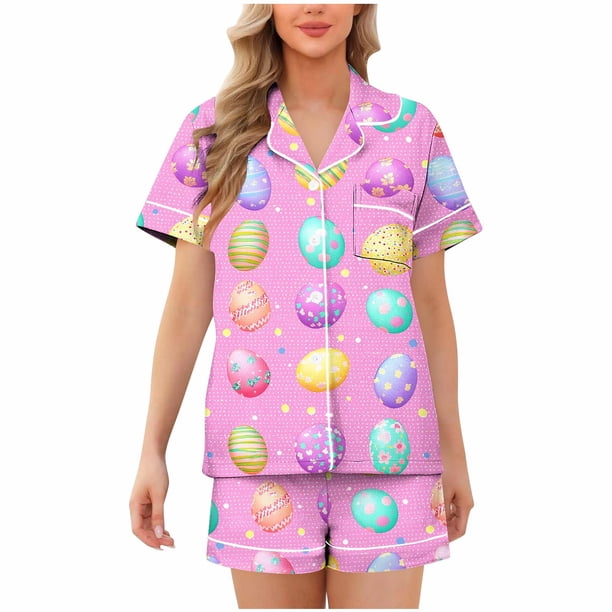 Blusa de Manga Corta Casual Turndown Botón Impresión Y Pantalones Cortos para las Mujeres, Verano Conjunto Corto para el Uso Diario Al Aire Libre