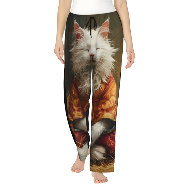 Fotbe Haystack Meditating Cat Pantalones de Pijama para Mujer, Pantalones de Dormir, Pantalones Pj con Cordón y Bolsillos-Large