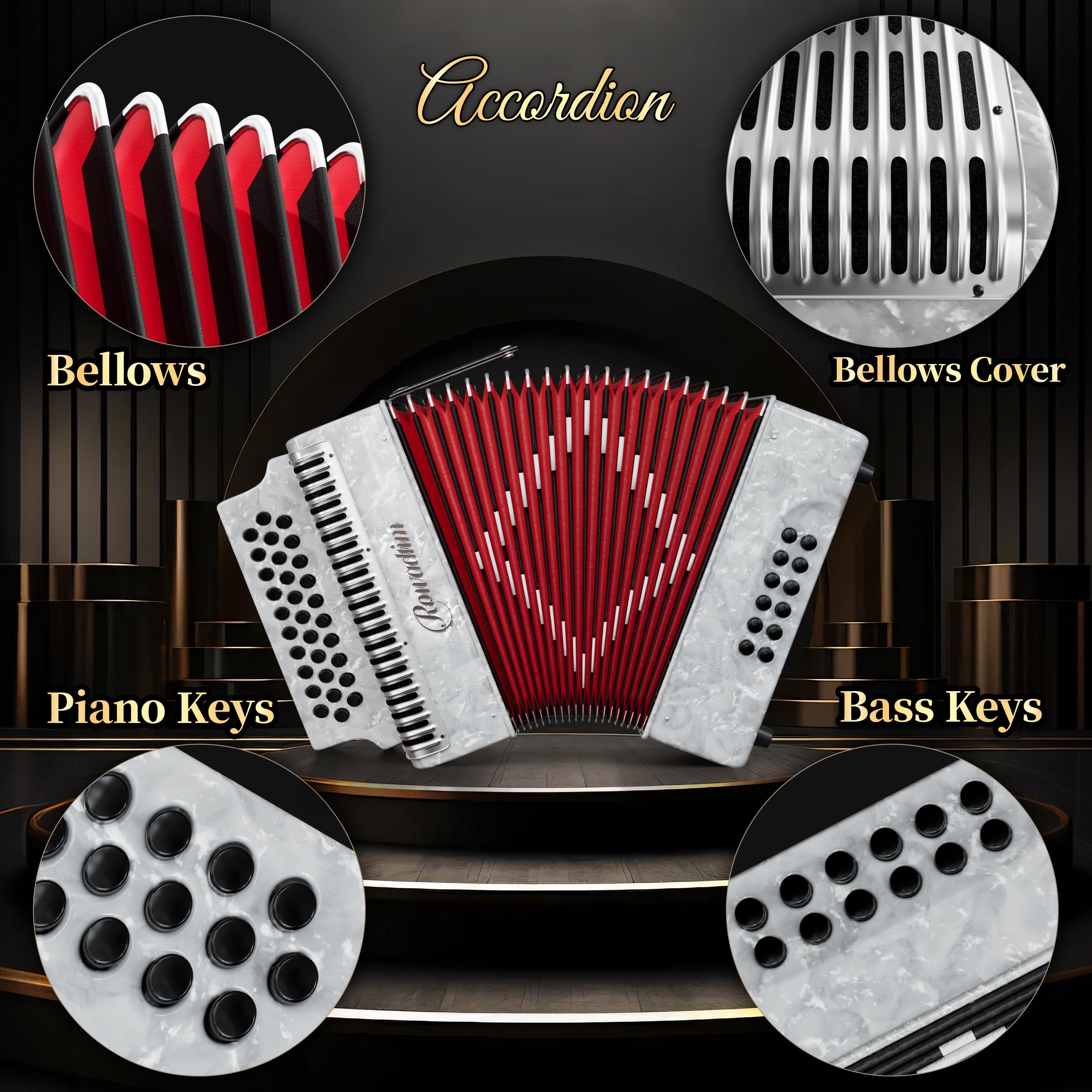 Accordion - 31 Key Diatonic, 12 Bass Buttons (G/C/F Tuning), Push-Pull Isochord Design, Beginner-Friendly Adult Set with Case, Gloves & Cleaning Wipes