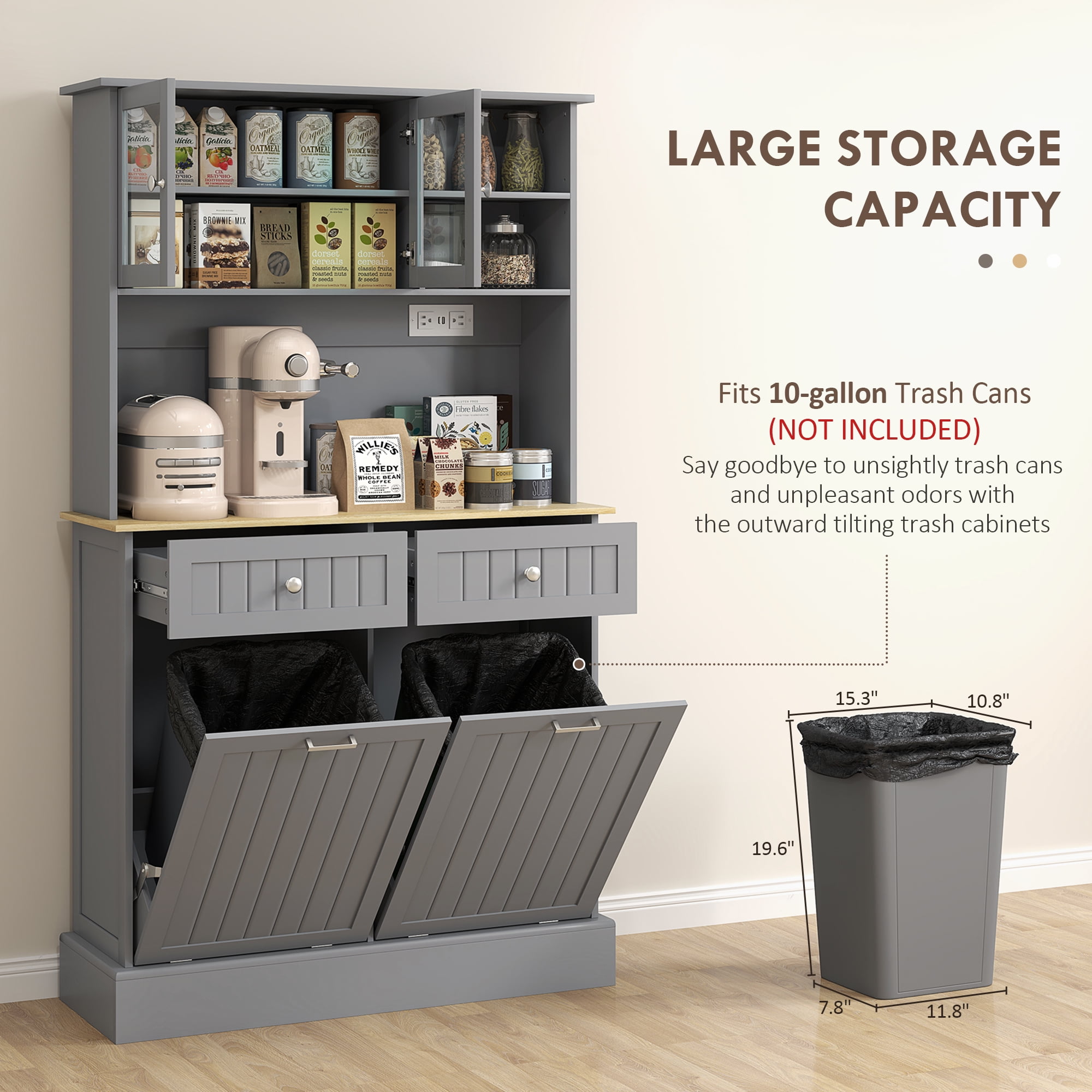 HOMCOM 68" Kitchen Pantry Cabinet with Charging Station, 2 Tilt Out Trash Cabinets and Microwave Stand, Modern Storage Cabinet, Gray