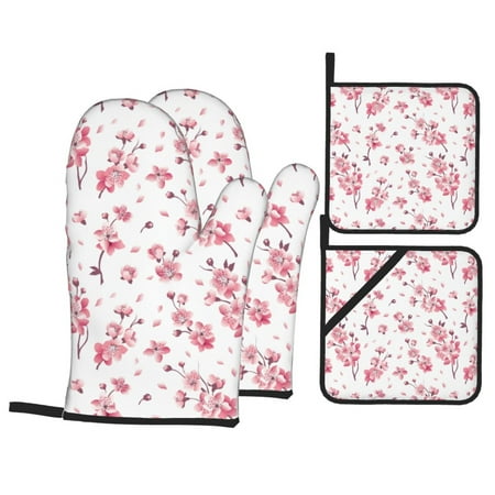 

Oven Mitts and Pot Holders Sets 4 pcs Pink berry blossom Floral elegance Non-Slip Oven Gloves Potholders Soft Quilted Lining Heat Resistant Gloves Hot Pads for Kitchen Cooking Baking