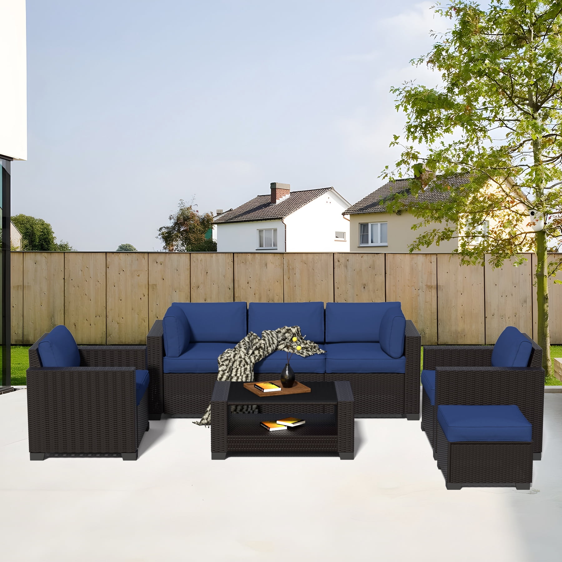 7-Piece Outdoor Sectional Patio Furniture Set, All-Weather Wicker Rattan Sofa with Thick Washable Cushions & Tempered Glass Table, Perfect for Garden, Poolside, Backyard (Navy blue)