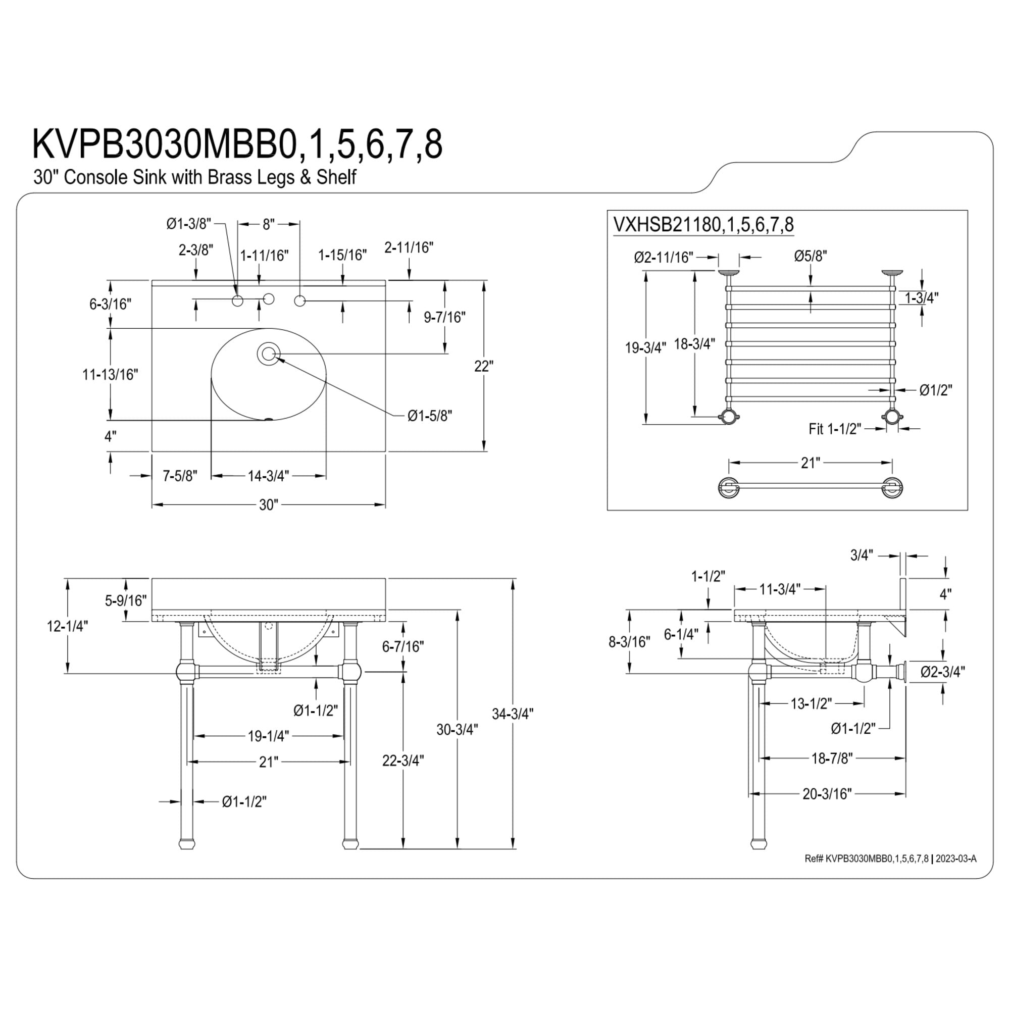 Kingston Brass KVPB3030MBB5 Templeton 30" Rectangular Brass, Marble Console Bathroom Sink