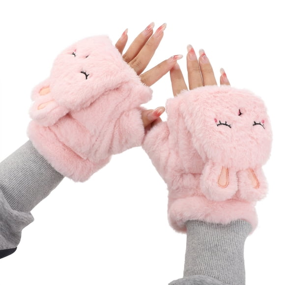 Breezora Womens Fox Gloves Winter Plush FauxFur Cute Mitten Pink