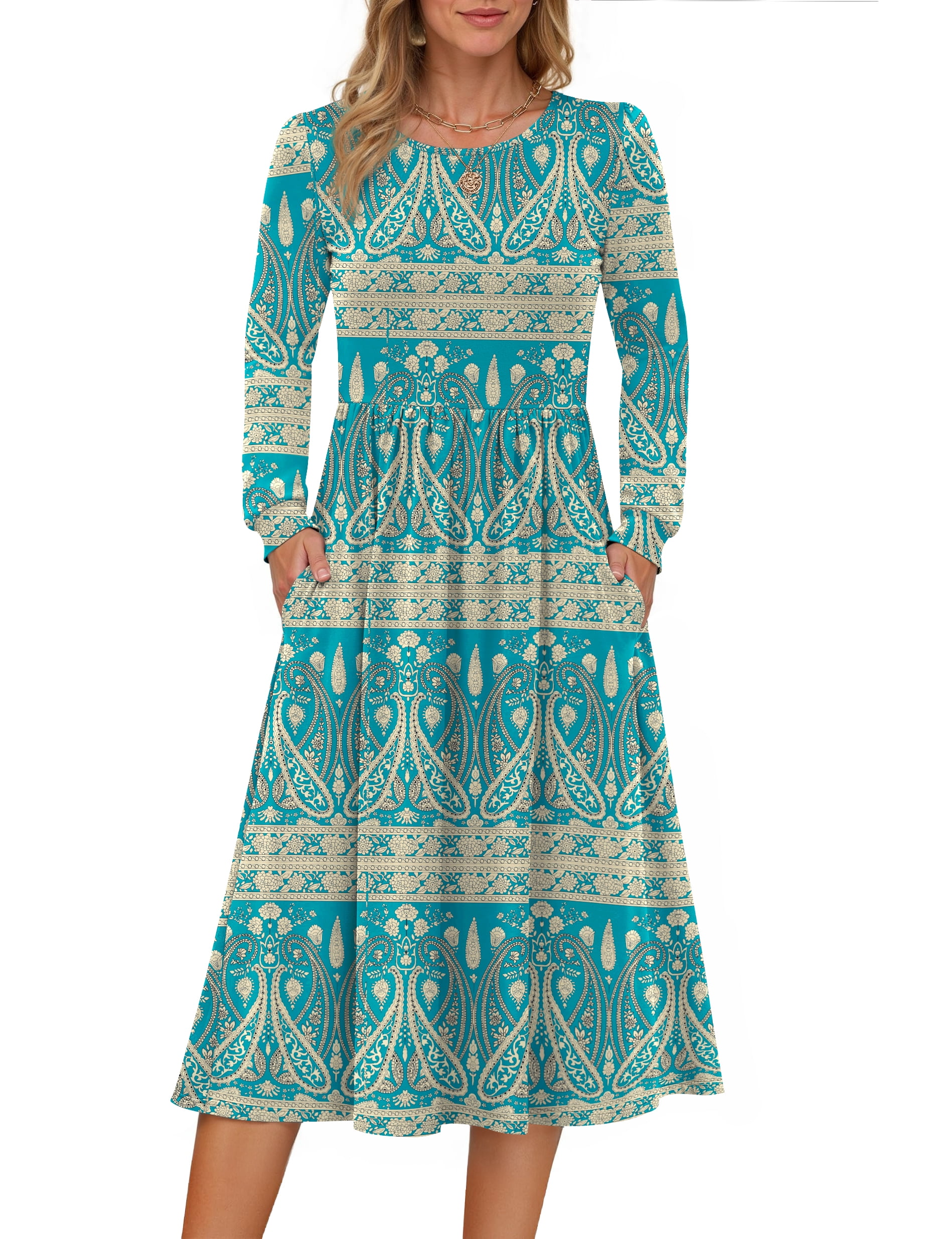 Fantaslook Long Sleeve Midi Dresses for Women Casual Floral Dress Flowy Fall Dresses with Pockets