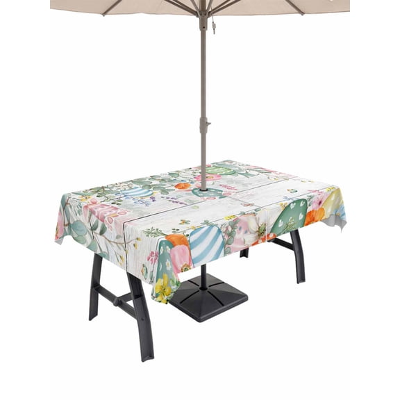 Easter Outdoor Tablecloth - 60x84 Inch Rectangle Dining Table Cover, Spring Eggs Eucalyptus Leaves Wooden Grain Waterproof Outdoor Table Cloth with Umbrella Hole & Zipper for Picnic/Patio/Party