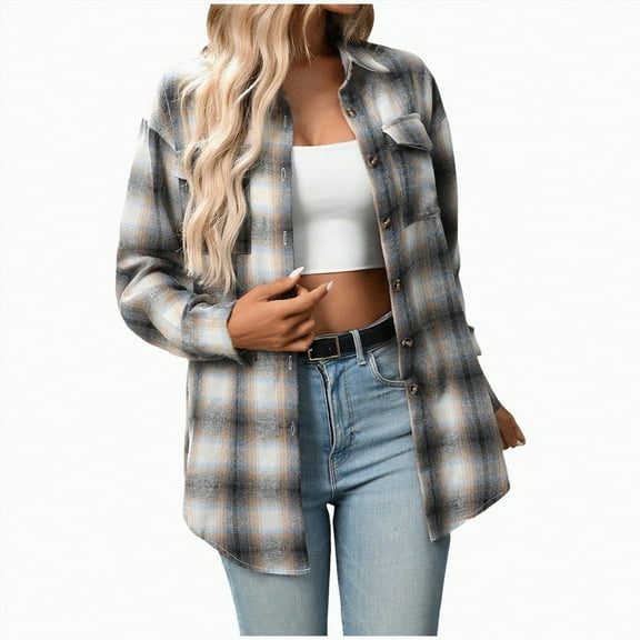 Towmus Womens Plus Size Flannel Shirts Plaid Shirts Long Sleeves Casual Button Down Collared Unisex Tops with Pockets