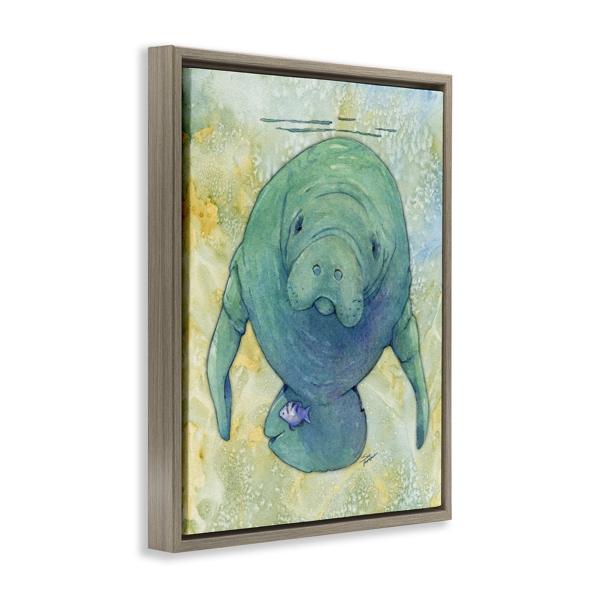 Stupell Industries Green Manatee Underwater Animals & Insects Painting Brown Floater Framed Canvas Art Print Wall Art, 25 x 31