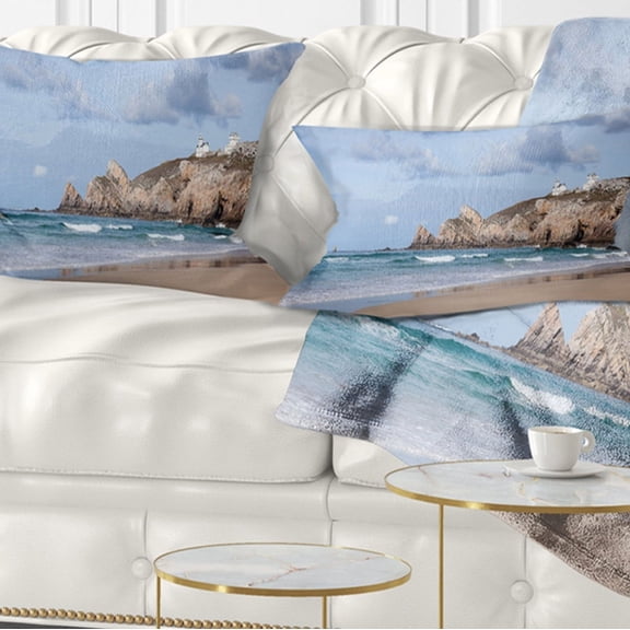 Designart Coastline with Lighthouse Panorama - Seashore Throw Pillow - 12x20