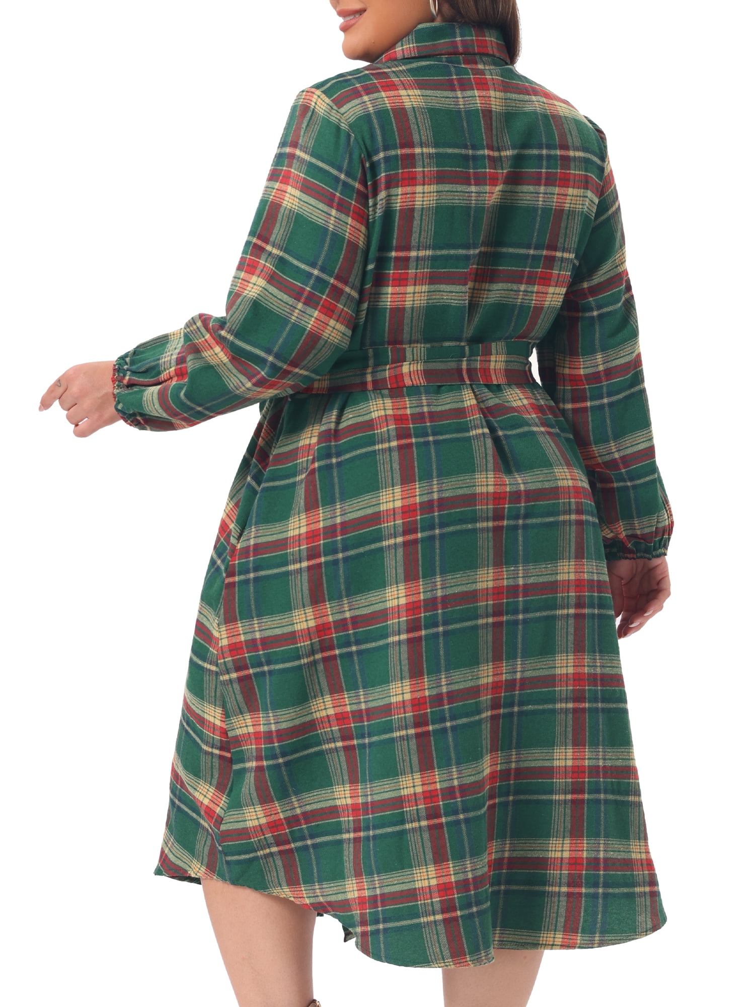 DARING DIVA Women's Plus Plaid Shirt Belted Long Sleeves Hem Dress L Green