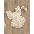 thumbnail image 3 of Franhais Summer Baby Girls Romper, Infant Sweet Style Creative Plaid Pattern Lace Splicing Fly Sleeve Jumpsuit + Bow Headwear Set, 3 of 8