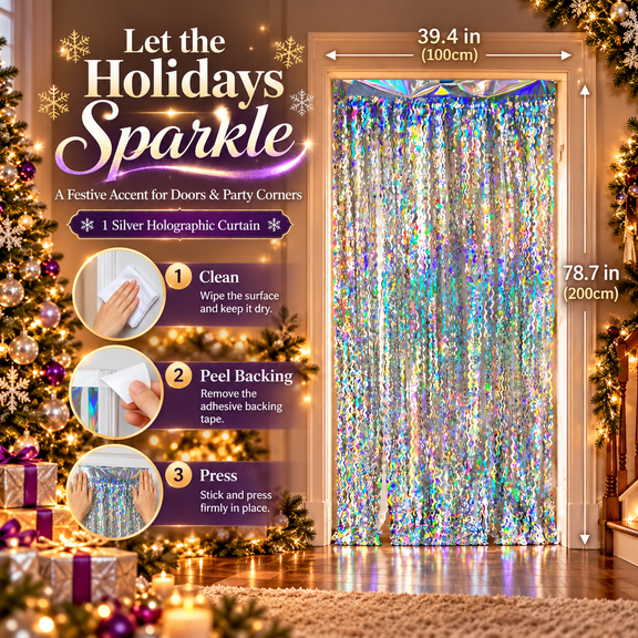 Foil Fringe Curtain, Reflective Surface for Bright Party Display, Hanging Decor with Visual Movement, Celebration Backdrop Accent for Party, Wedding, Photo Area and Event, Silver, 78.74 x 39.37 in