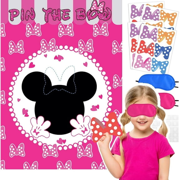 29Pcs Mickey Minnie Anime Cartoon Birthday Party Decoration & Game Kit – Blindfold Pin the Sticker Game with 24 Reusable Stickers, Party Favors, and Decorations