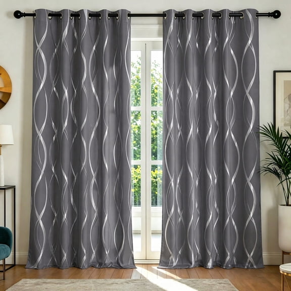 Grey Blackout Striped Pattern Curtains for Living Room 84 inch Long 2 Panels Set, Noise Reducing Thermal Insulated Wave Line Foil Print Bedroom Drapes for Patio Sliding Glass Door (52 x 84)