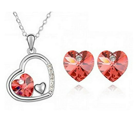 KATGI Fashion Beautiful Crystal Hearts Austrian Red Crystal Necklace and Earring Set