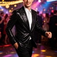 thumbnail image 2 of Nmnitkp Men's Sequin Blazer Jacket Black Contrast Lapel Single‑Button Long Sleeve Suit Coat for Party Stage Show Holiday Nightclub Special Event Wear Black,XL, 2 of 6