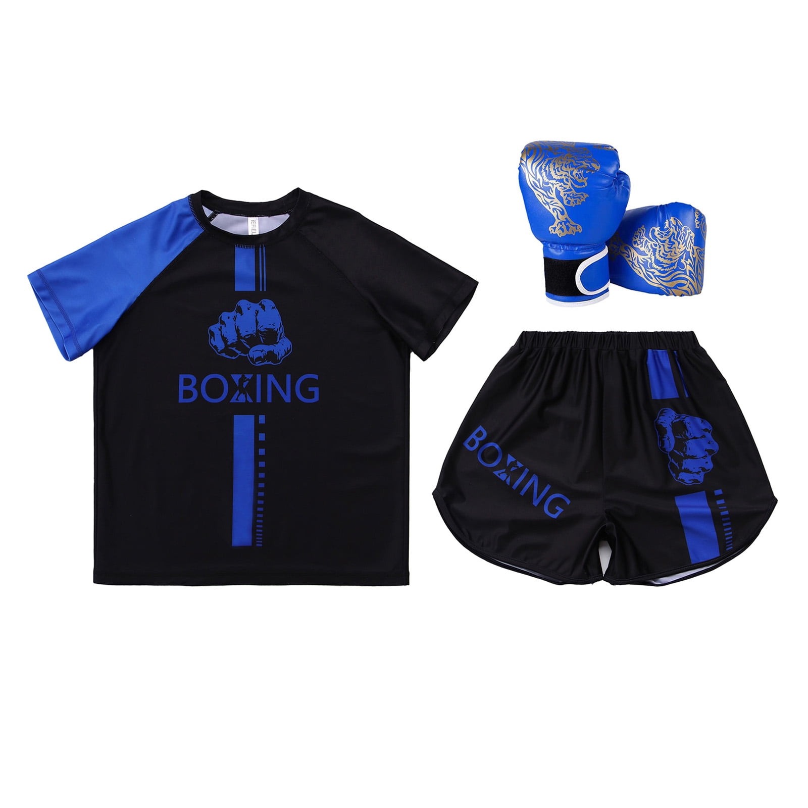 Hansber Kids Boxing Outfit Kick Boxing Uniform Athletic T-Shirt Top with Muay Thai Shorts Trunks Boxing Gloves Set Blue 8