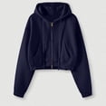 thumbnail image 4 of SNKSDGM Women Solid Cropped Full Zip Up Hoodie Jacket, Oversized Long Sleeve Drawstring Sweatshirt With Patch Pockets Casual Street Outer Tops Navy XL, 4 of 5