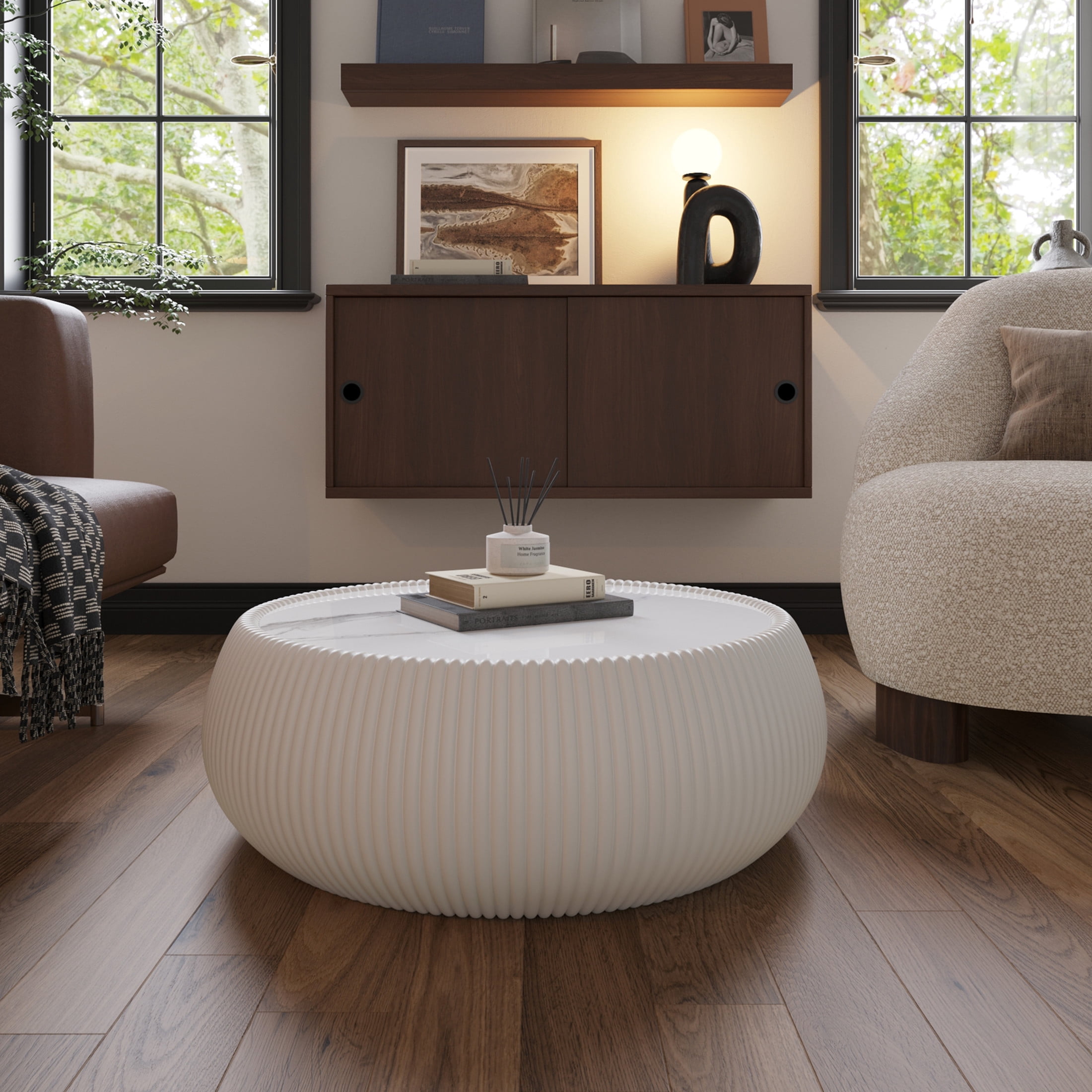 Noble House Simin 28" Drum Marble Top Coffee Table, Modern Leather Wrapped Accent Table, for Living Room, Beige