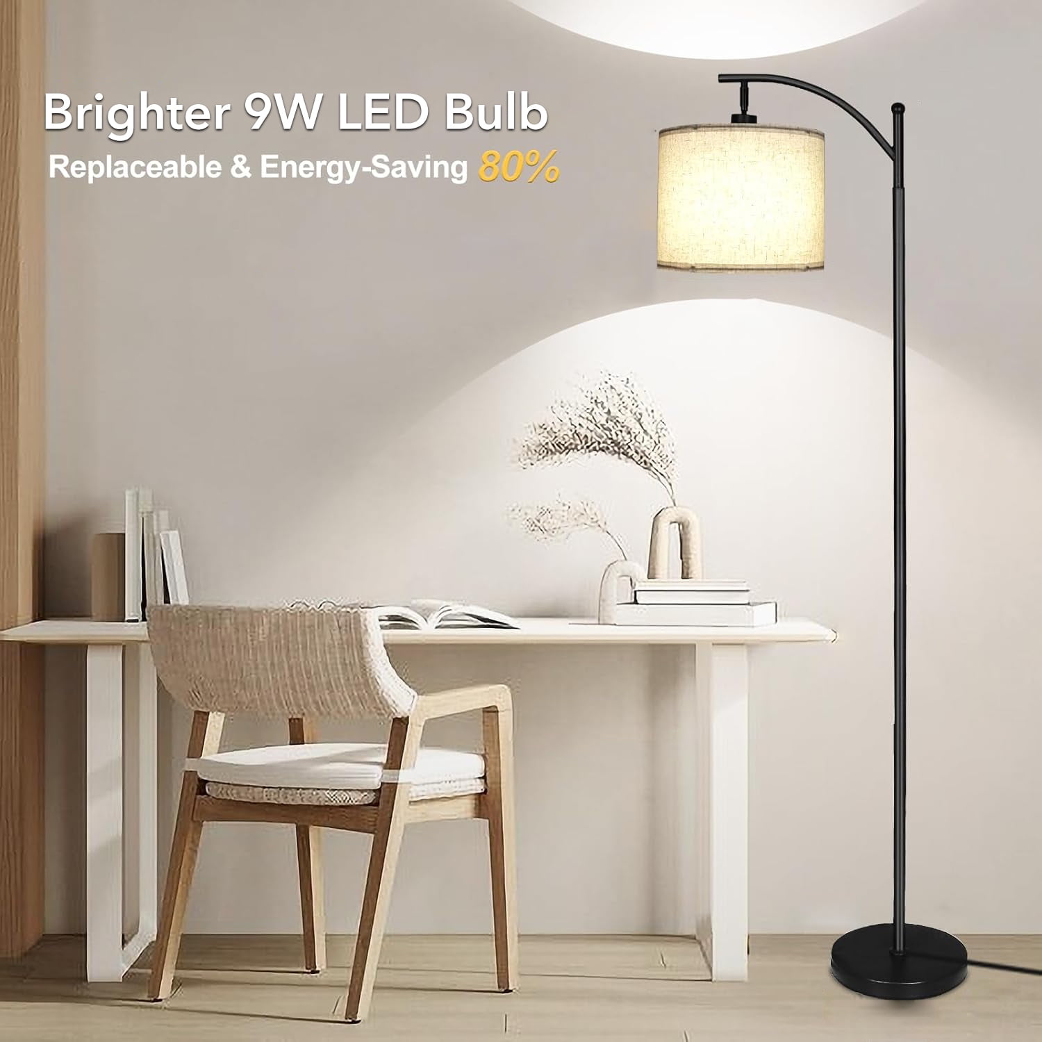 BN-LINK Dimmable Floor Lamp with 3 Color Temperatures, Standing Lamp with Linen Shade & LED Bulb Included, Tall Lamp for Living Room, Office, Dining Room(Black)
