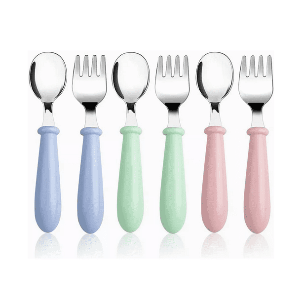 Kit Cubiertos Cuchara Tenedor para Bebés de Acero Inoxidable 6 Pzs, Azul, Rosa y Verde