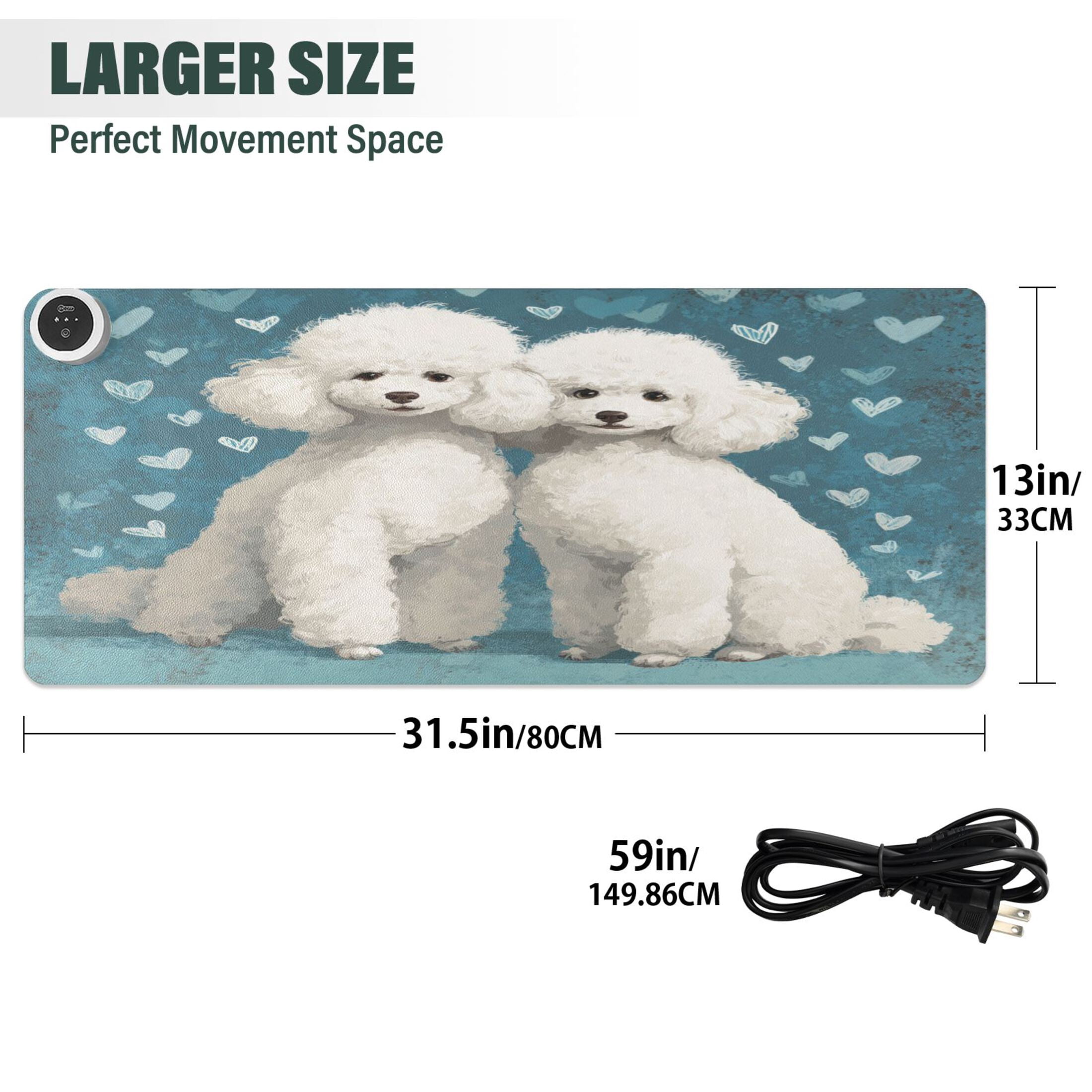 Large Heated Desk Mat Mouse Pad 31.5"x13"PU Leather Graphene Heating Desk Warmer with 3 Temperature Settings 110V US Plug Non-Slip Warm Pad for Home, Office, and Gaming Sweet White Poodle Duo