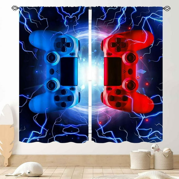 Gaming Curtains for Boys Room, Cooling Blue Red Flash Game Controller Gamer Window Drapes for Boys Kids Teens Living Room Bedroom Playroom Decor Gamepad Video Game Room 2 Panels, 84"x63" Inch