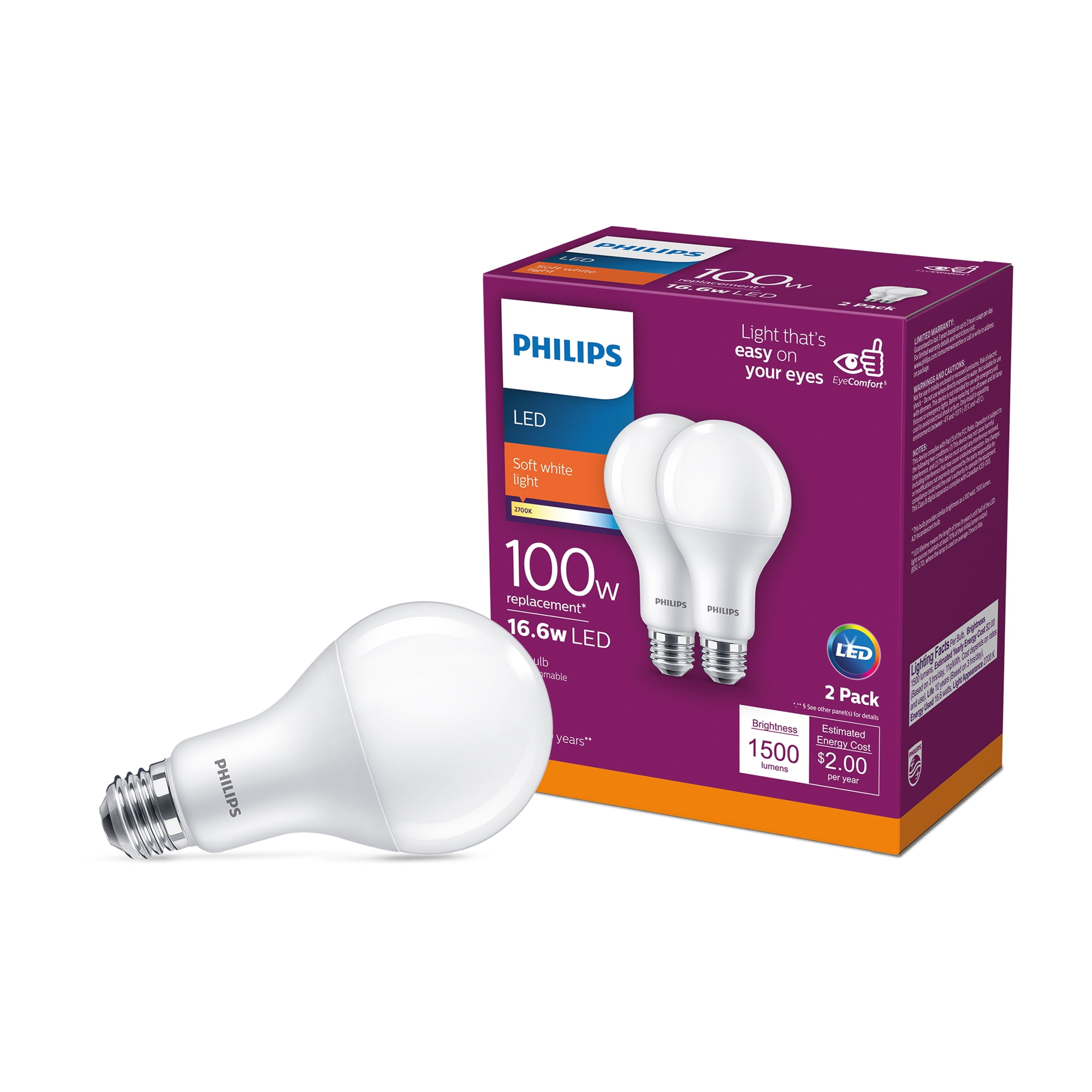 Philips LED 100-Watt A21 General Purpose Bulb, Frosted Soft White, Non-Dimmable, E26 Medium Base (2-Pack) - Walmart.com