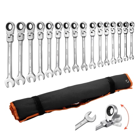 VEVOR Flex-Head Ratcheting Wrench Set 30-Piece SAE and Metric 72 Teeth Cr-V Steel Ratchet Flexible Combination Wrench Set with Roll Up Pouch for General Household and Automotive Repairs Silver