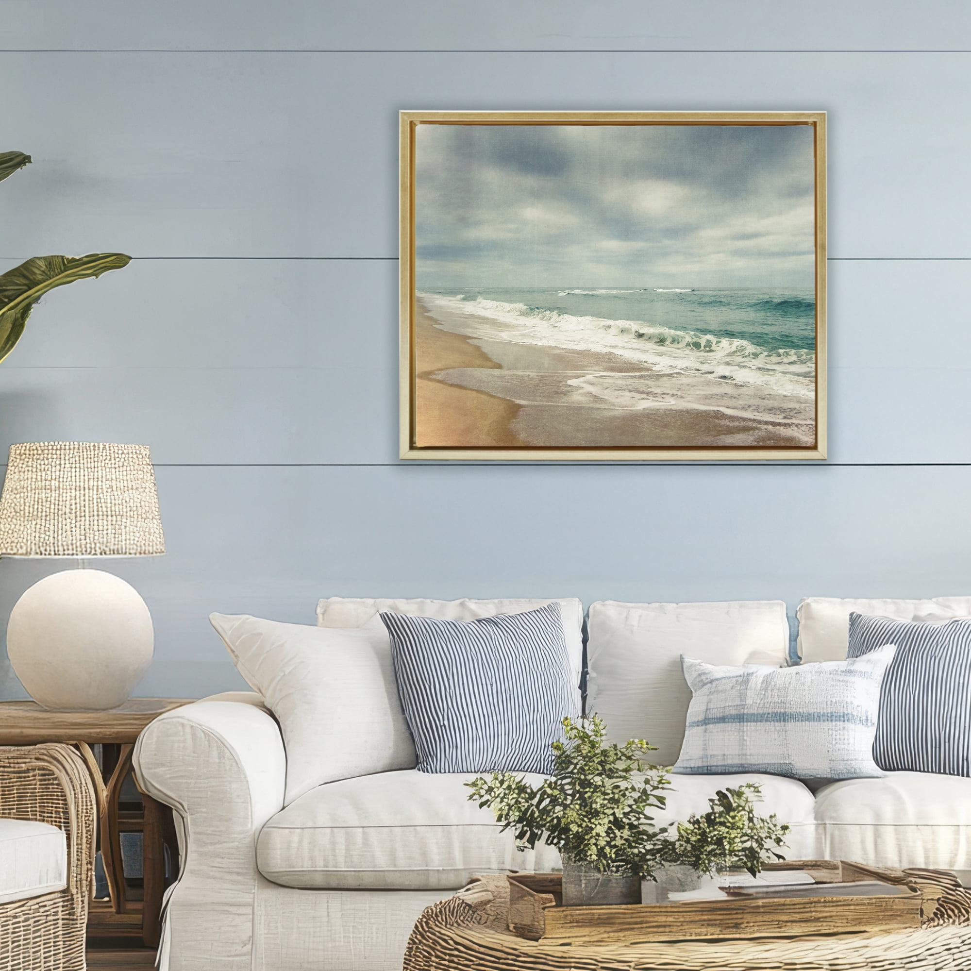 Stupell Industries Tranquil Waves Along Sandy Coast Gold Framed Floater Canvas Wall Art, design by Dirk Wüstenhagen