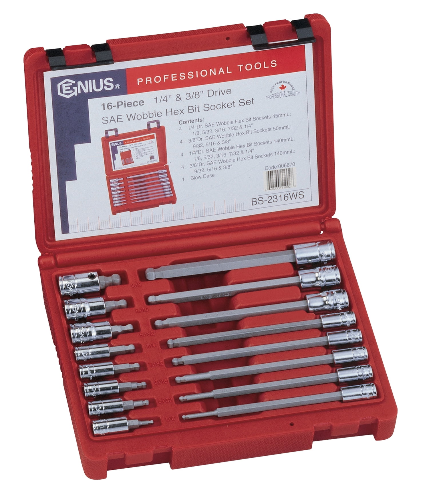 Genius Tools 16 Piece 1/4" & 3/8" Dr. SAE Wobble Hex Bit Socket Set ...