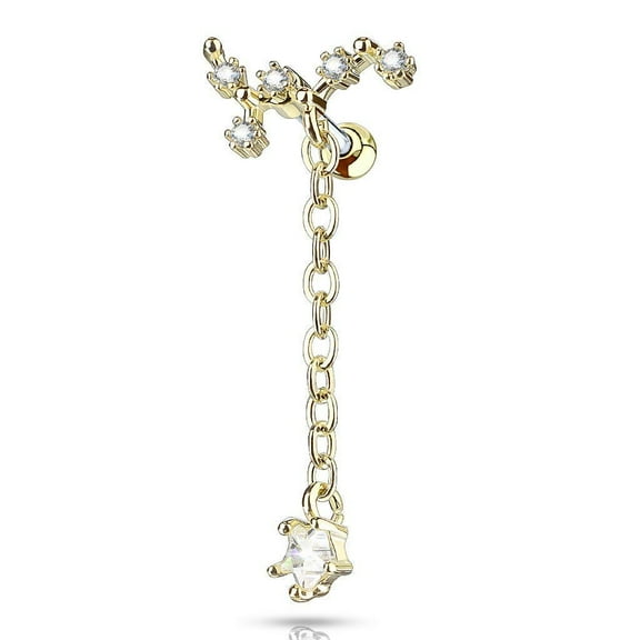 MoBody 16G CZ Vine Tragus Earring Stud Surgical Steel Long Chain Dangle Cartilage Helix Piercing Jewelry (Gold-Tone)