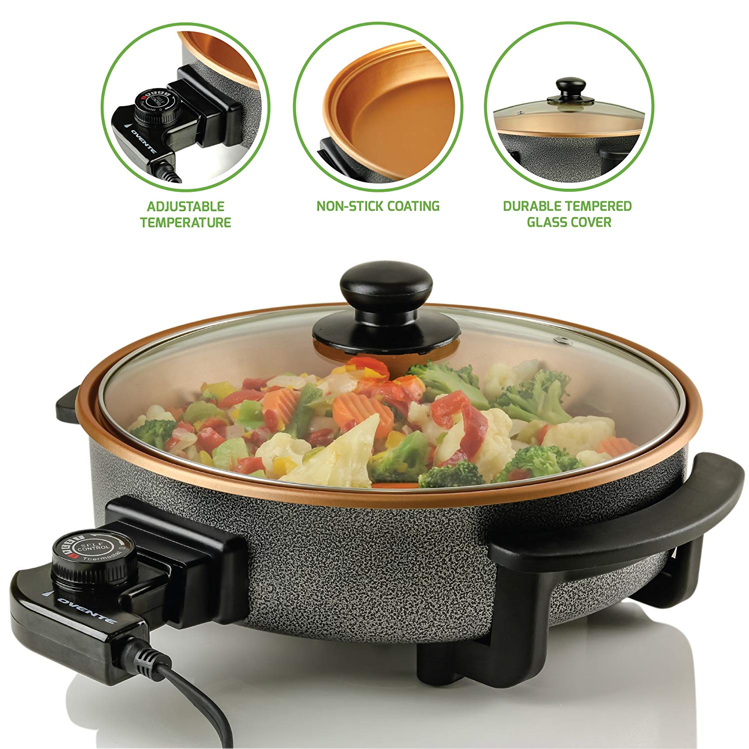 OVENTE Electric Skillet and Frying Pan, 12" Round Cooker with Nonstick Coating, Copper SK11112CO - image 2 of 9
