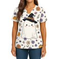 thumbnail image 2 of WTOBBY Women's Casual V-Neck Short Sleeve Halloween Printed Top with Double Front Pockets and Side Hem Slit, Perfect as a Caregiver Work Uniform or Everyday Fashion Shirt,White 2XL, 2 of 5