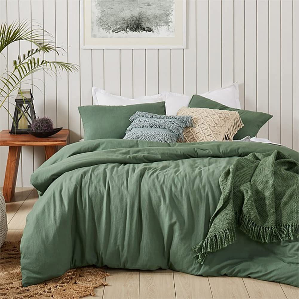 Green Duvet Cover Queen Size 100% Washed Cotton Solid Color Bedding Set  3Pcs Simple Modern Soft Lightweight Breathable Comforter Cover