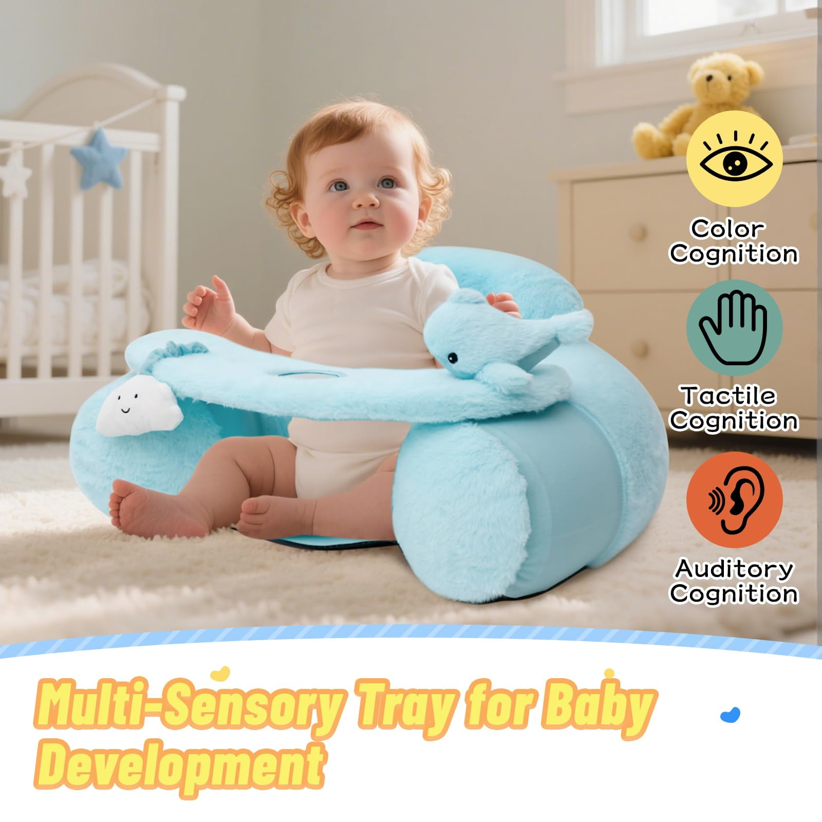 Baby Sit Me Up Seat, Inflatable Baby Seat with Cover for Babies 3-36 Months,Portable,Inflatable Sit & Play Floor Seats for Sitting Up (Blue)