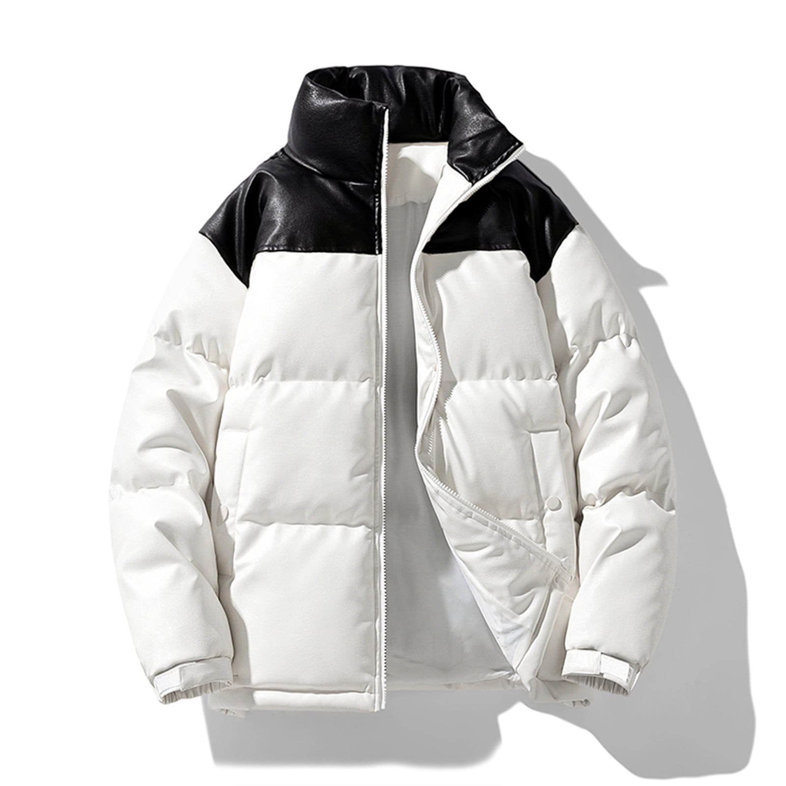 Xzbqbs Leather Jacket Men Winter Windproof Waterproof Puffer Jacket Casual Fashion Full Zip Stand Collar Thicken Warm Quilted Jacket