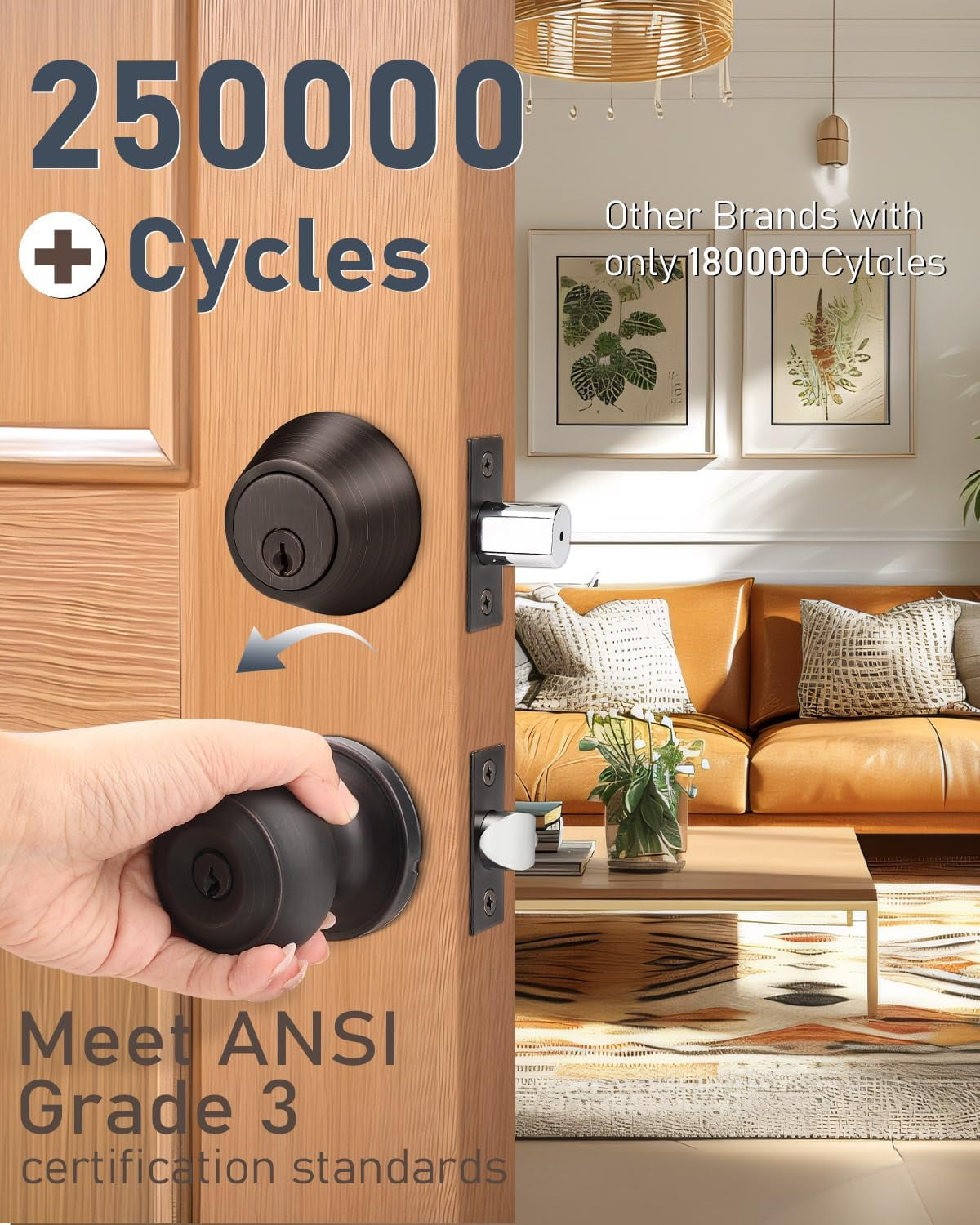3 Pack Keyed Alike Front Door Knob and Deadbolt Set, Entry Door Locksets with Single Cylinder Deadbolt, Matte Black Flat Round Door Lock Set for Bedroom/Office/Exterior Doors