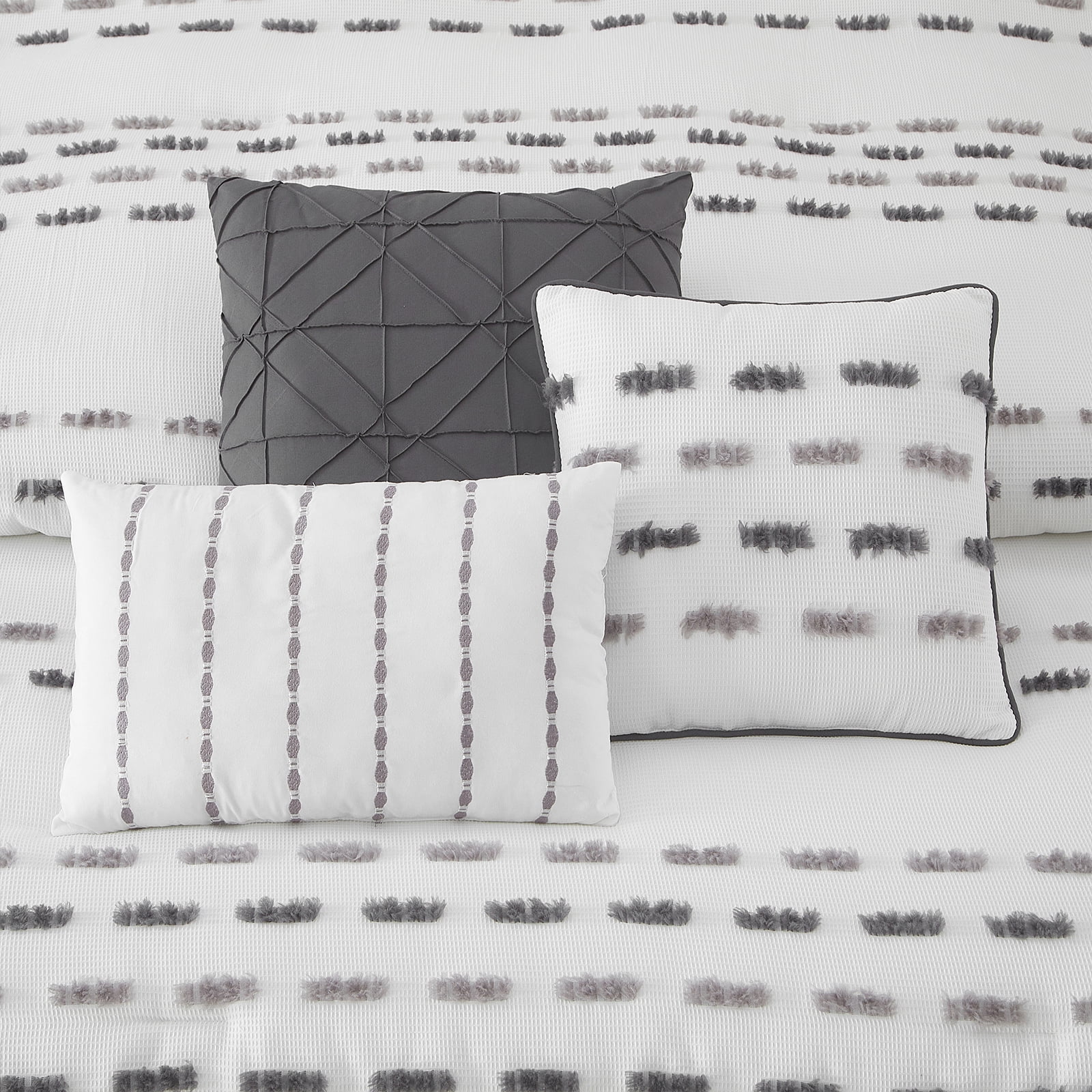 Lanco White Grey Comforter Set King Size , 7 Piece , Clip with Waffle Base Fabric Bedding Set , All Season