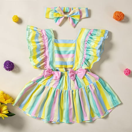 

NIUREDLTD Toddler Girls Ruched Striped Print Bow Casual Romper Bodysuit Dress Casual Clothes 24M