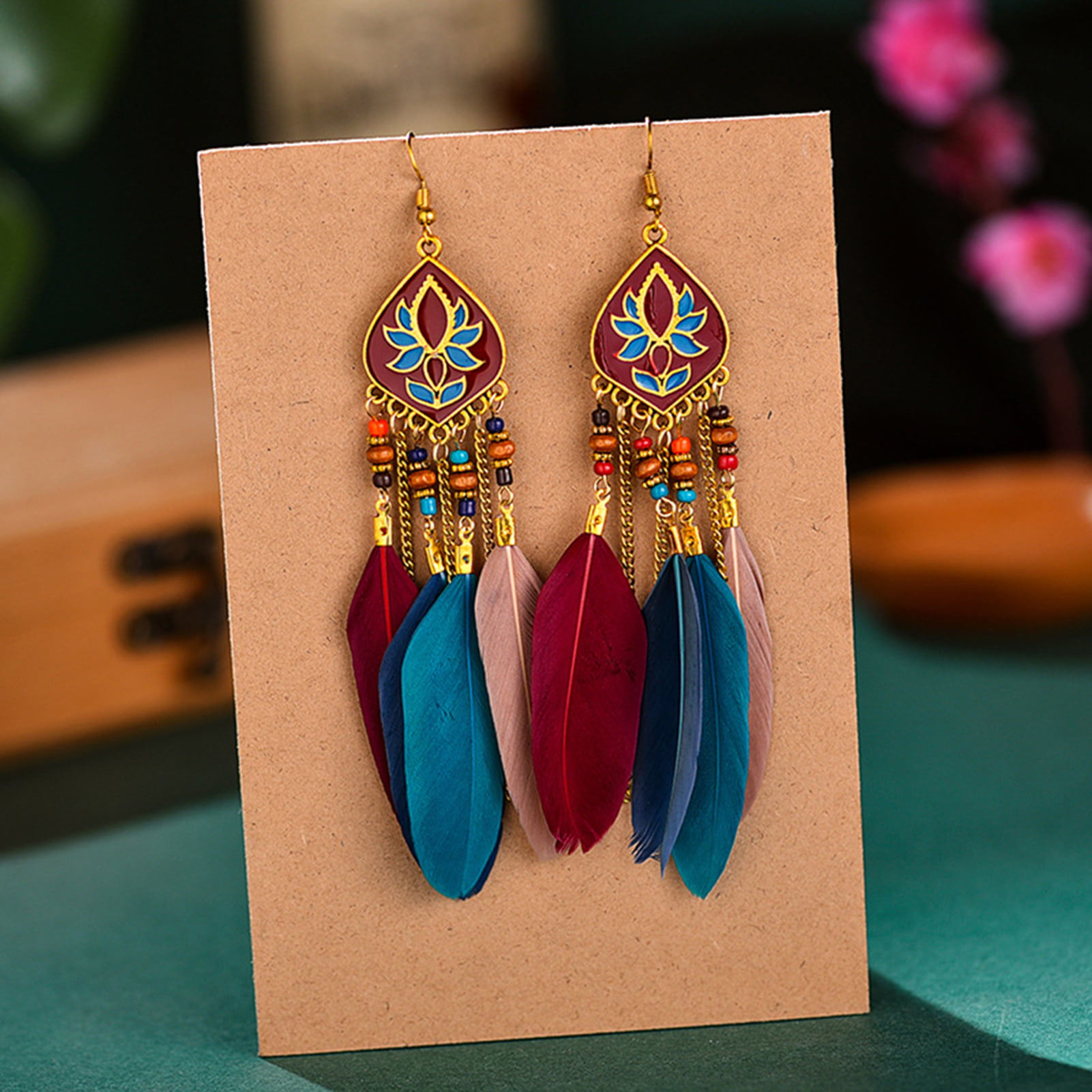 Long red and golden women's earrings with feathers and fabric dream catchers  | Handmade jewelry online Cloris®