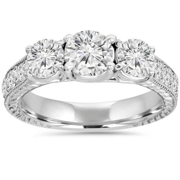 Pompeii 1 3/4ct Diamond Vintage 3-Stone Engagement Ring 14K White Gold Antique (G/H,I2)